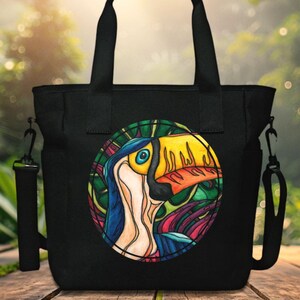 Toucan tote-bag with zipper, black nylon shoulder bag with handles and strap, colorful tropical bird bag for useful women gift