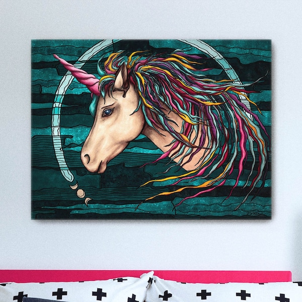 Tableau licorne arc-en-ciel boho, peinture animal fantastique imprimée sur toile, art contemporain licorne pour décoration murale colorée