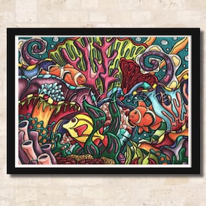 Tropical fish art print, underwater coral reef painting printed on matte paper, colorful ocean wall art for kids or beach house gift