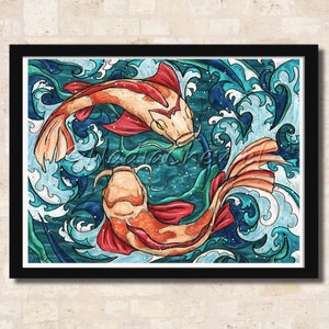 Koi fish wall art, Japanese fish painting printed on matte paper, Feng Shui Decor image 8