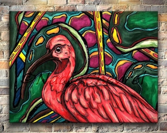 Ibis painting colorful wall art, scarlet ibis bird art print on stretched canvas, jungle painting canvas print for maximalist decor