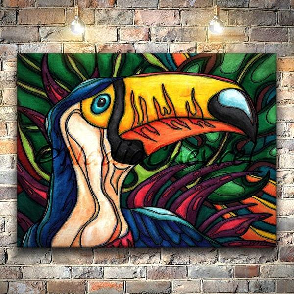 Tableau toucan et jungle, Peinture oiseau tropical imprimée sur toile tendue, décoration murale colorée pour décor maximaliste ou éclectique