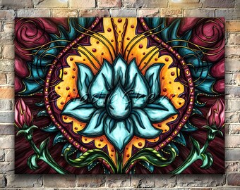 Throat chakra art print on stretched canvas, bright blue lotus flower painting spiritual art, meditation decor for yoga studio wall art