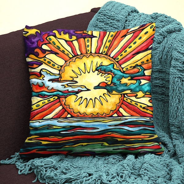 Housse de coussin soleil, housse imprimée avec peinture de soleil couchant sur la mer, accessoire canapé coloré au style rétro pop art