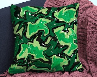 Bright green camo throw pillow case, zippered sofa accent cushion cover 16 18 or 20 inch, fun fancy military vivid dorm decor for teen boys