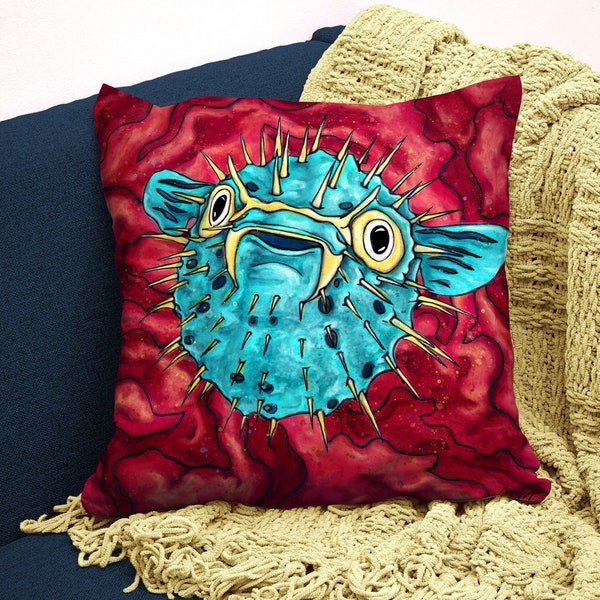 Housse coussin poisson-globe cartoon, housse carrée imprimée avec peinture de poisson pop art, décoration océan colorée pour lit ou canapé