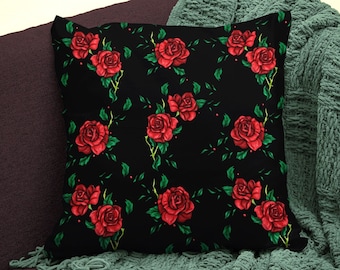 Red roses patterned throw pillow case, 3 sizes available from 16x16 to 20x20 pillow cover, floral goth accent cushion for bed or sofa decor