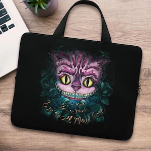 Cheshire Cat black laptop sleeve, tablet pouch or laptop case with handles, Alice in Wonderland laptop bag