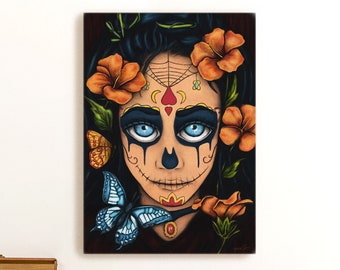 Santa Muerte art painting printed on stretched canvas, Calavera mexican wall art print, bright goth wall art for day of the dead decorations