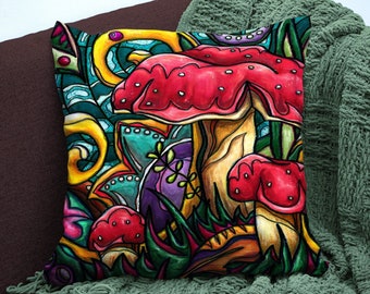 Red mushrooms throw pillow case, 3 sizes available from 16x16 to 20x20 throw pillow cover, bright fall accent cushion for bed or sofa decor