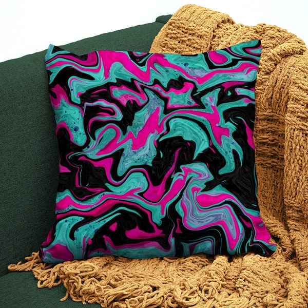 Housse de coussin motif électro cyan et magenta, housse imprimée texture techno abstraite, décoration colorée style trance pour fauteuil