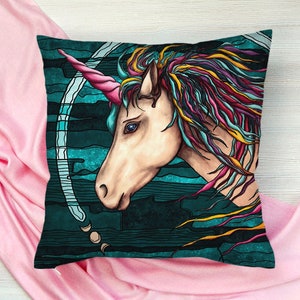 Unicorn throw pillow cover, Colorful fantasy art cushion case, Mystical home decor, Gift for dreamers & unicorn lovers