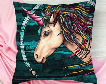 Unicorn cushion cover, Teal whimsical decor