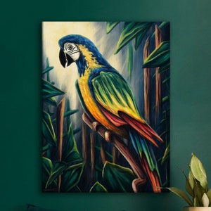 Parrot painting printed on stretched canvas, colorful tropical bird wall art, jungle animal canvas print for exotic living room decor