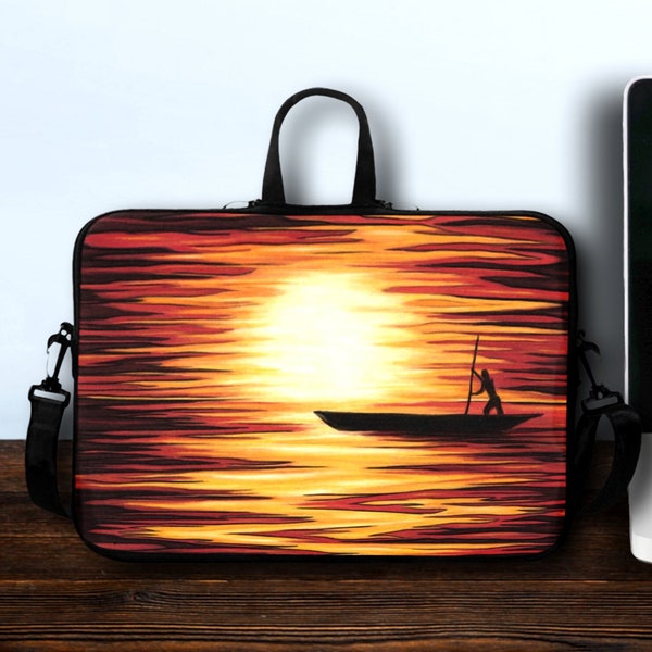 Housse ordinateur coucher de soleil, pochette zippée tablette ou PC portable imprimée paysage africain, étui à poignées de 10 à 17 pouces