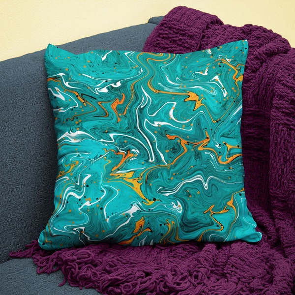 Housse coussin turquoise et orange, housse carrée imprimée avec motif marbré abstrait, décoration colorée originale pour canapé ou chambre