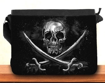 Pirate Skull Shoulder Bag, Large Black Canvas Crossbody Bag