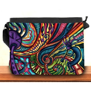 Sac messenger Kokopelli, sac en tissu à bandoulière imprimé peinture musique, sac à rabat interchangeable unisexe au style hippie coloré