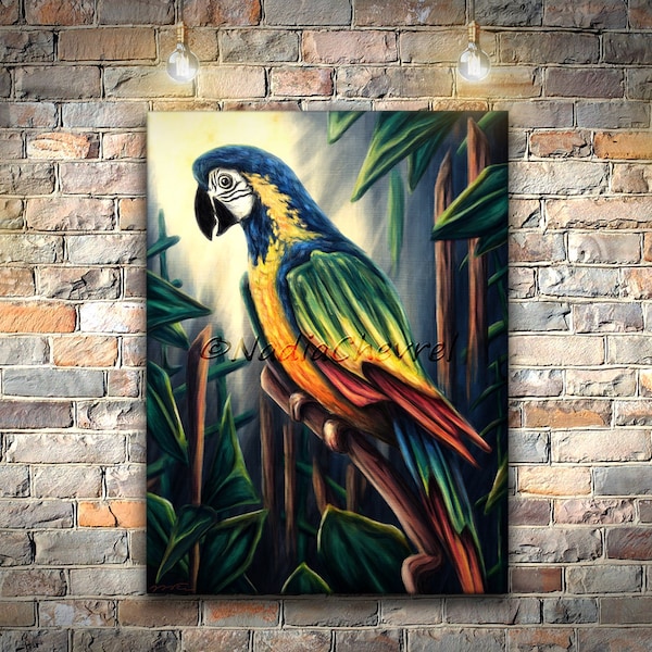 Tableau perroquet coloré, Peinture ara imprimée sur toile tendue, décoration murale oiseau exotique et jungle pour déco tropicale