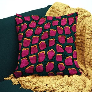 Magenta faux skin throw pillow cover, Bright pink dots pattern on dark teal cushion cover, maximalist throw pillow case for armchair decor