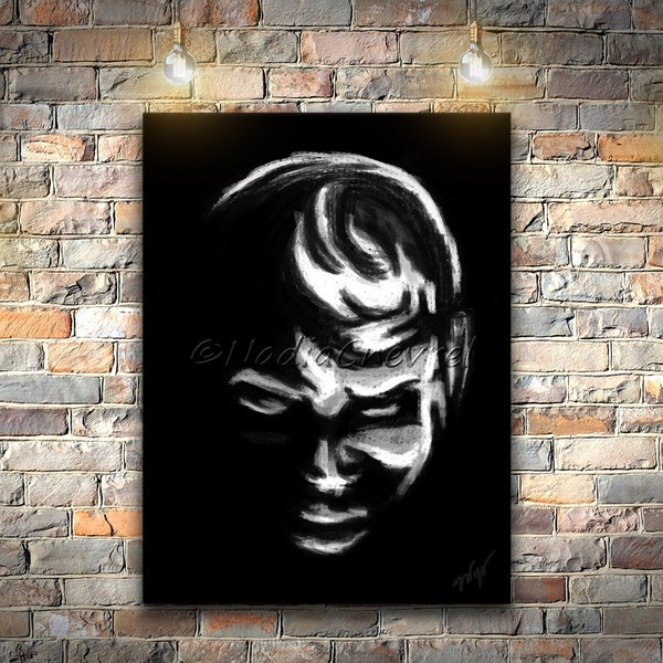 Portrait homme street art noir et blanc, Peinture visage graffiti imprimée sur toile tendue, décoration murale style urbain industriel