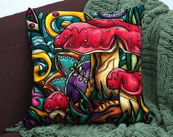 Roter Pilz Akzent Kissenbezug: Bunte Pilze Kunst, Herbst Dekor
