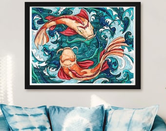 Koi fish wall art, Japanese fish painting printed on matte paper, Feng Shui Decor