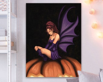 Fairy with bat wings wall art, realistic fairy painting printed on canvas, whimsical fantasy art for alt goth bedroom or dorm wall decor