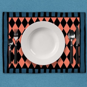 Retro placemats set, Orange and blue table mats for modern dining table, black diamond printed place mats for maximalist table decor