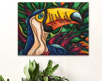 Toucan large canvas wall art, colorful abstract jungle painting printed on stretched canvas, maximalist decor