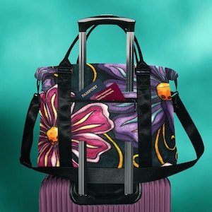Florale Trolley Tasche, leichte Weekender Tasche mit Gepäck Fach, Fuchsia und Lila Reisetasche