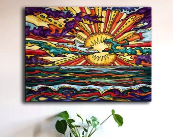 Peinture coucher de soleil imprimée sur toile, tableau paysage de plage et mer pop art, décoration colorée au style rétro hippie