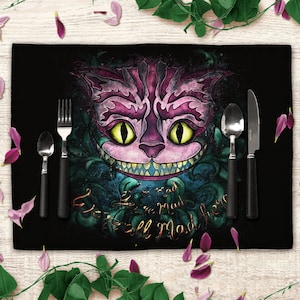 Cheshire cat placemats set, Alice&#39;s adventures in Wonderland table mats for party table, artistic dining mats for literary tale decor