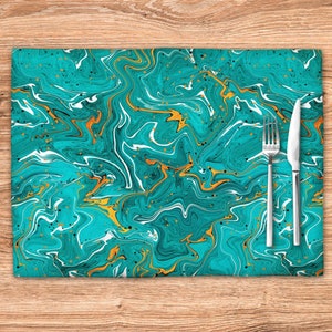 Sets de table imprimés turquoise, Sets en tissu motif marbré abstrait pour décoration de table, accessoire déco pour salle à manger moderne