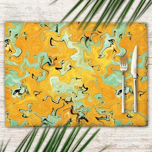 Mustard yellow placemats set, abstract decorative table mats set for dining table, artistic place mats for modern summer table decor