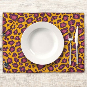 Leopard placemats set of 6 4 2 or 1, yellow and purple cheetah spots fabric mats for dining table, funky animal print kitchen decor