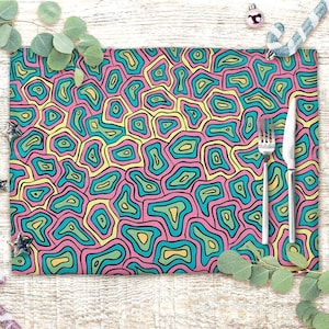 Funky pastel placemat set, abstract printed dining mats for pastel colors table decor, unique 90s party place mats set of 1 2 4 or 6