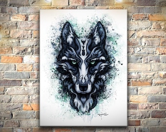 Wolf wall art print on stretched canvas, spirit animal abstract splatter painting, lone wolf decor for teen or witchy living room wall art