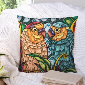 Poszewka na poduszkę Lovebirds, dekoracja salonu z tropikalną dżunglą i papugą