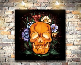 Human floral skull painting, contemporary canvas art print, glowing skull and flowers print for gothic home decor or goth wedding gift idea