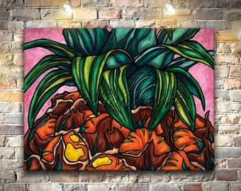 Vivid pineapple painting print on canvas, summer exotic fruit art, brightly colored plant wall art for tropical pop art decoration
