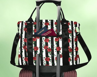 Red roses tote bag with trolley sleeve, Black and white striped travel bag