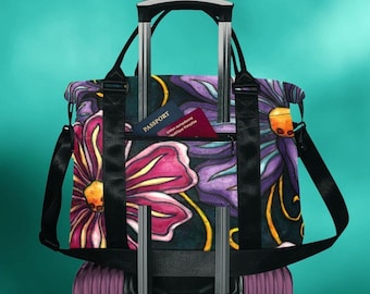 Floral trolley sleeve tote, lightweight weekender bag with luggage sleeve, fuchsia and purple underseat travel bag