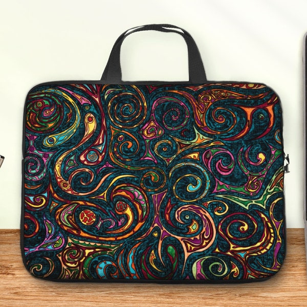 Ethnic abstract computer sleeve with handles, ancient tribal styled tablet zipper pouch from 10 to 17 inch, colorful laptop bag for women