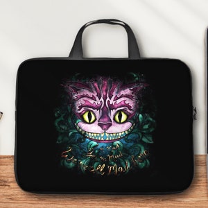 Cheshire Cat black printed sleeve, tablet pouch or laptop case with handles , Alice in Wonderland laptop bag