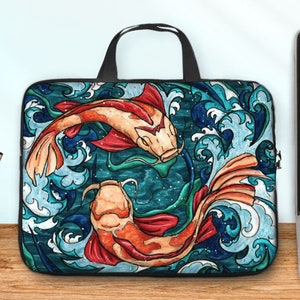 Sac ordinateur carpes koi, sacoche ordinateur de 10 à 17 pouces avec poignées, pochette poissons japonais pour idée cadeau utile homme image 1