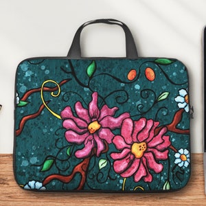 Floral laptop bag, laptop sleeve with handles, women computer case or neoprene tablet pouch from 10 to 17 inch image 1