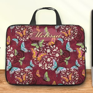 Butterflies on magenta laptop sleeve, customizable tablet zipper pouch or laptop bag for women with handles, elegant victorian office gift