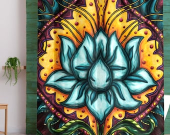 Cortina de ducha con diseño floral de loto azul: decoración de baño bohemia