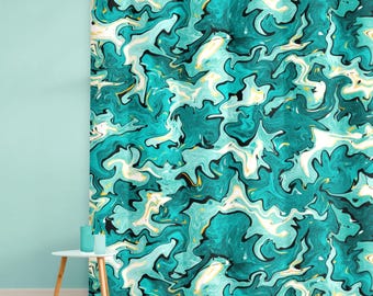 幾何学模様のリネンシャワーカーテン：ティール＆ブラウンの